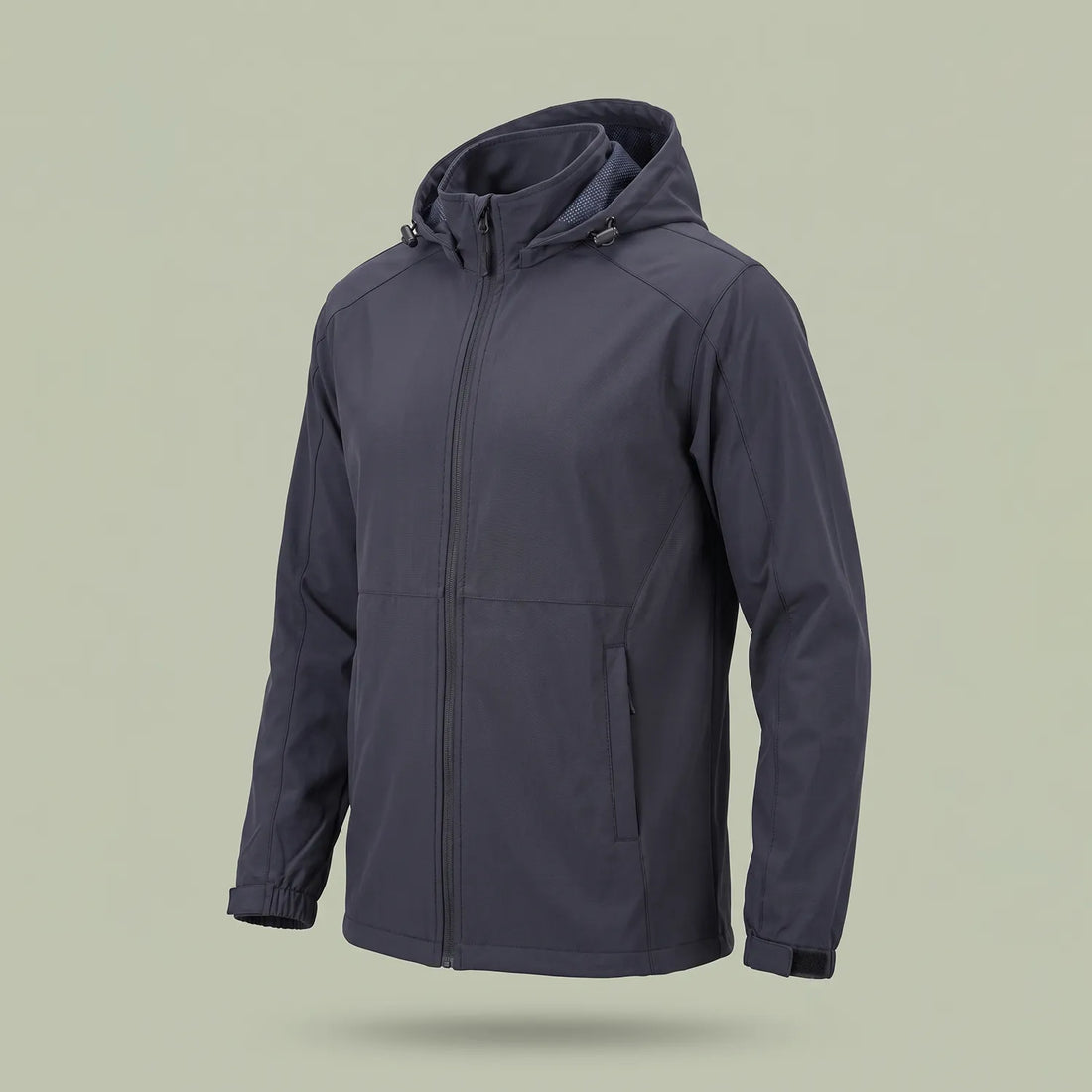 Custom hooded shell jacket in charcoal gray with detachable hood and full zip, made by ausman Pakistan
