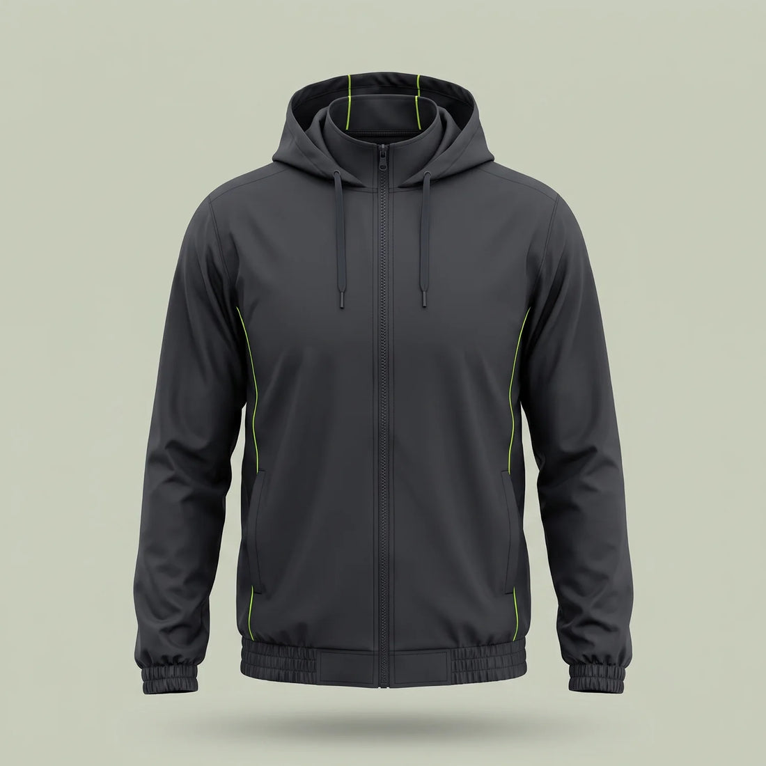 Custom lightweight windbreaker jacket in charcoal with lime green piping and detachable hood, made by ausman Pakistan