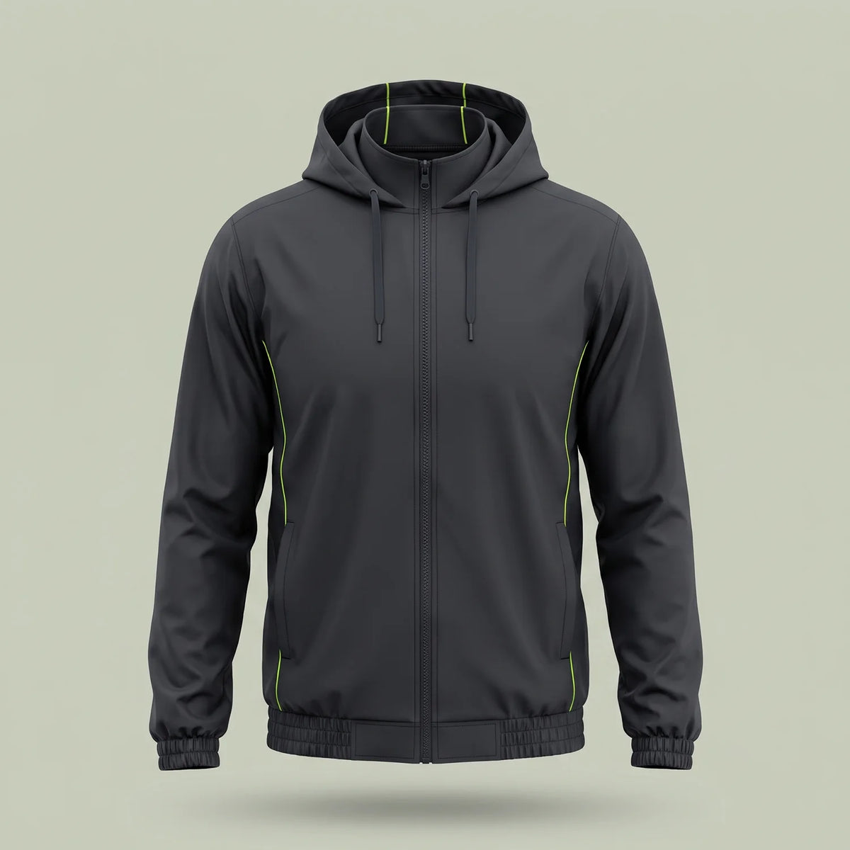 Custom lightweight windbreaker jacket in charcoal with lime green piping and detachable hood, made by ausman Pakistan