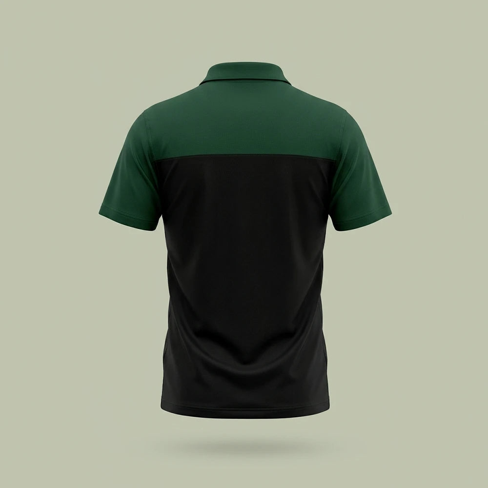 Custom panel polo shirt with V-shaped green and black colorblock front, made by ausman Pakistan