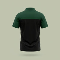 Back view of custom two-tone polo shirt with horizontal green and black panel design