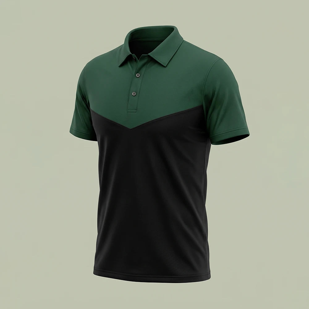 Custom panel polo shirt with V-shaped green and black colorblock front, made by ausman Pakistan