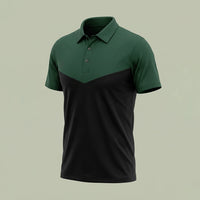 Custom panel polo shirt with V-shaped green and black colorblock front, made by ausman Pakistan