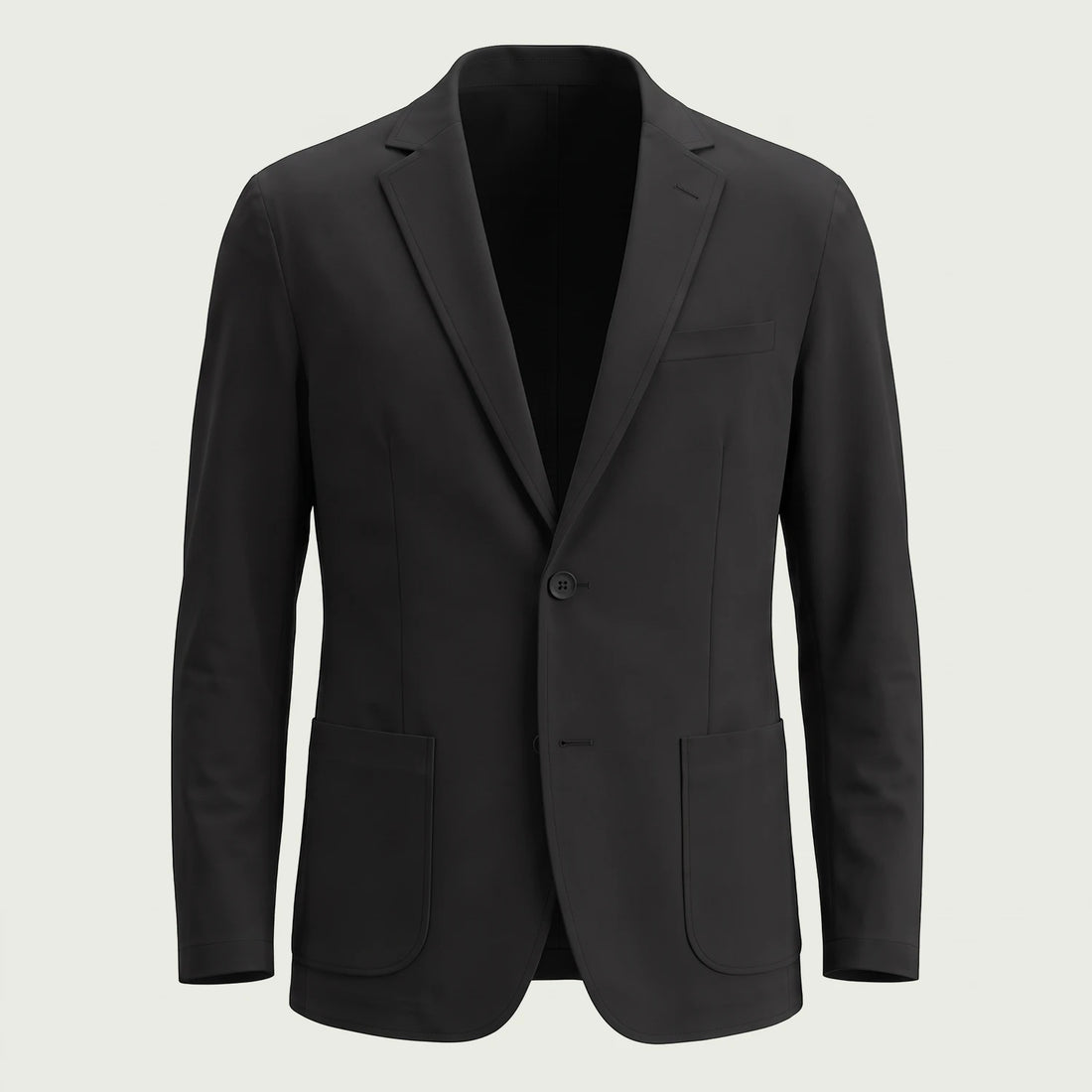 Custom performance blazer in black with patch pockets in micro stretch, made by ausman Pakistan