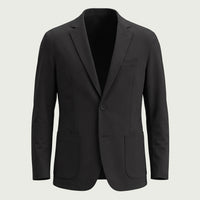 Custom performance blazer in black with patch pockets in micro stretch, made by ausman Pakistan