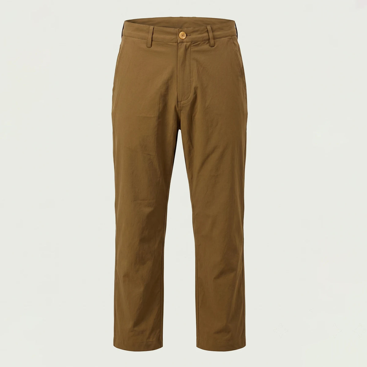 Custom tan performance trousers in lightweight micro stretch with flat front, made by ausman Pakistan
