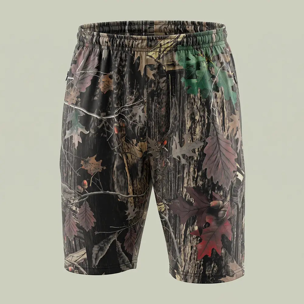 Custom printed athletic shorts with all-over jungle camo sublimation print, made by ausman Pakistan