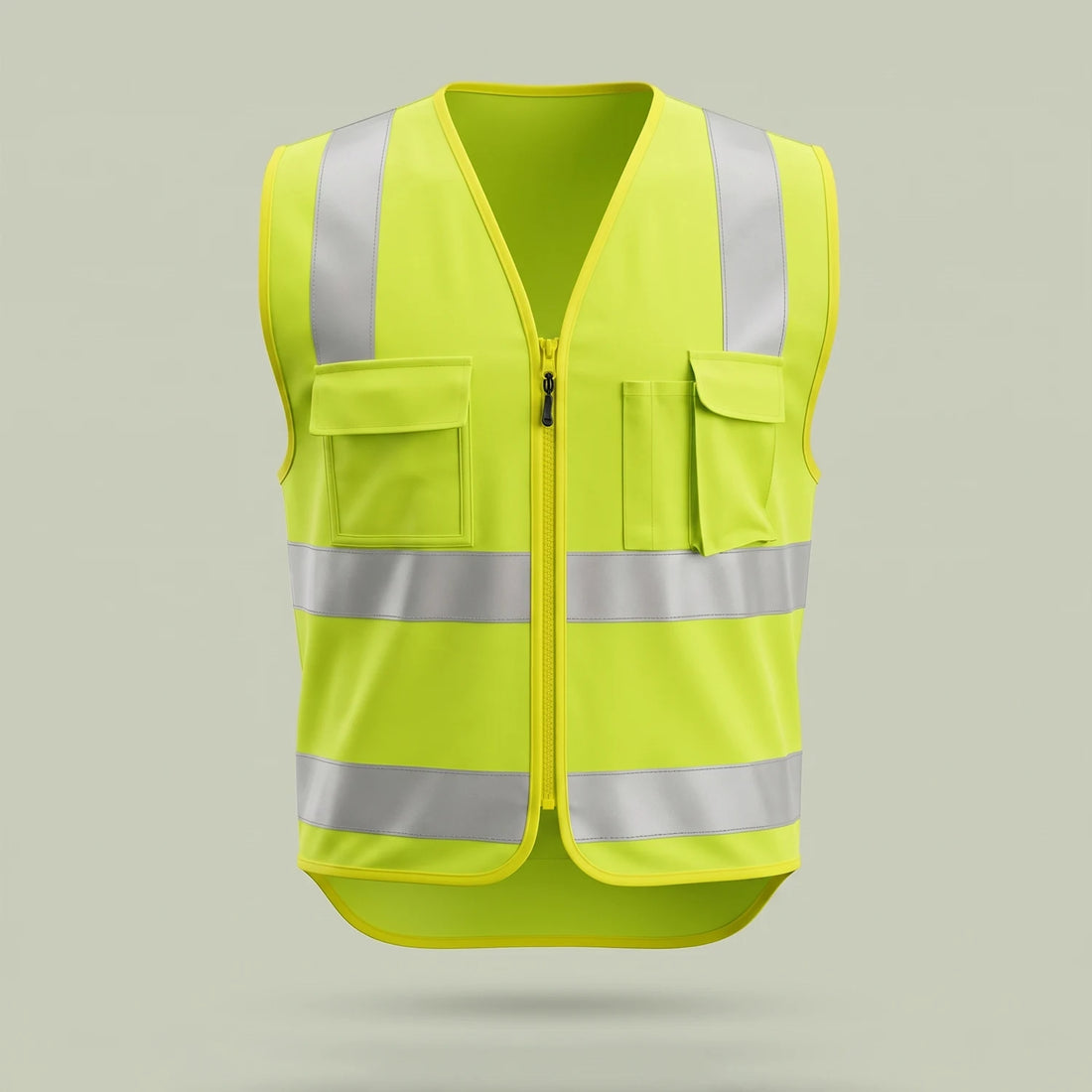 Custom hi-vis reflective safety vest in fluorescent yellow with zip front and reflective tape, made by ausman Pakistan