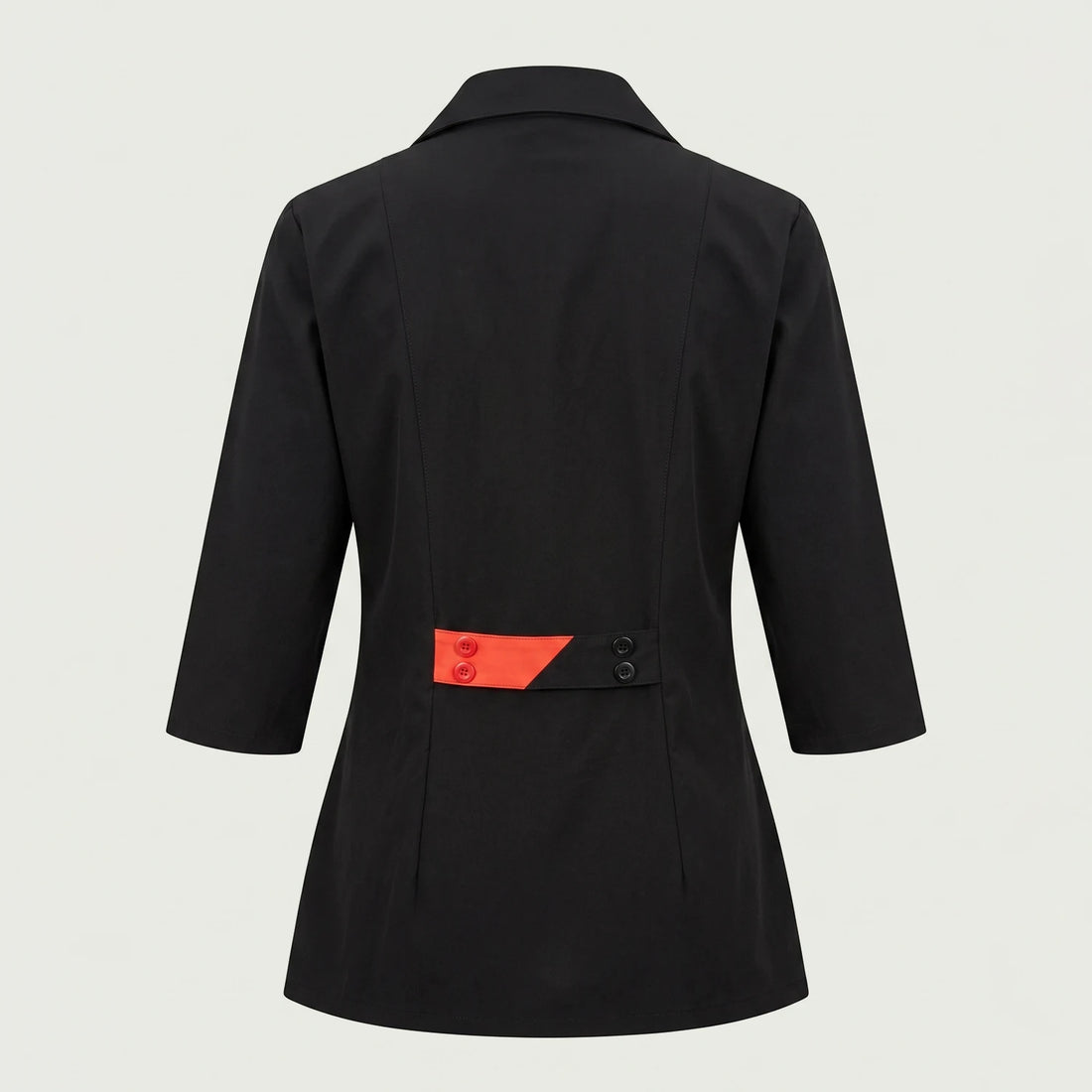Custom salon and spa tunic in black with coral accents and zip front, made by ausman Pakistan