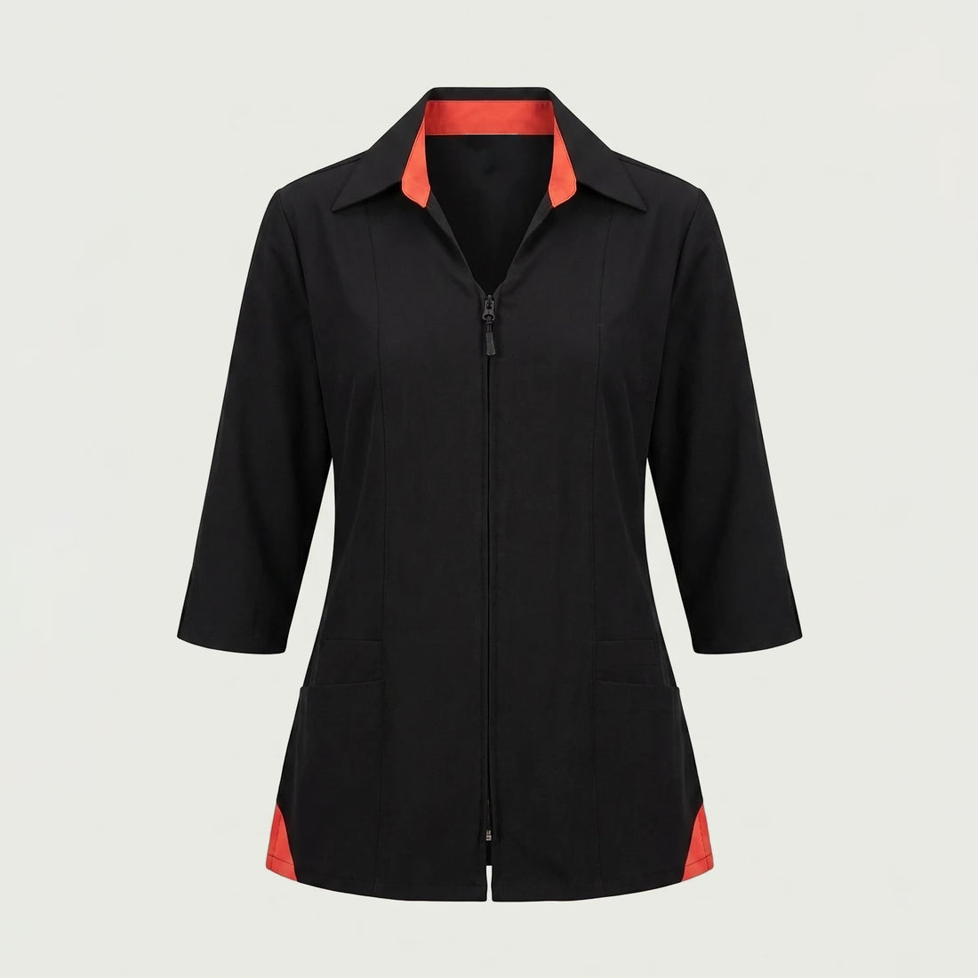 Custom salon and spa tunic in black with coral accents and zip front, made by ausman Pakistan