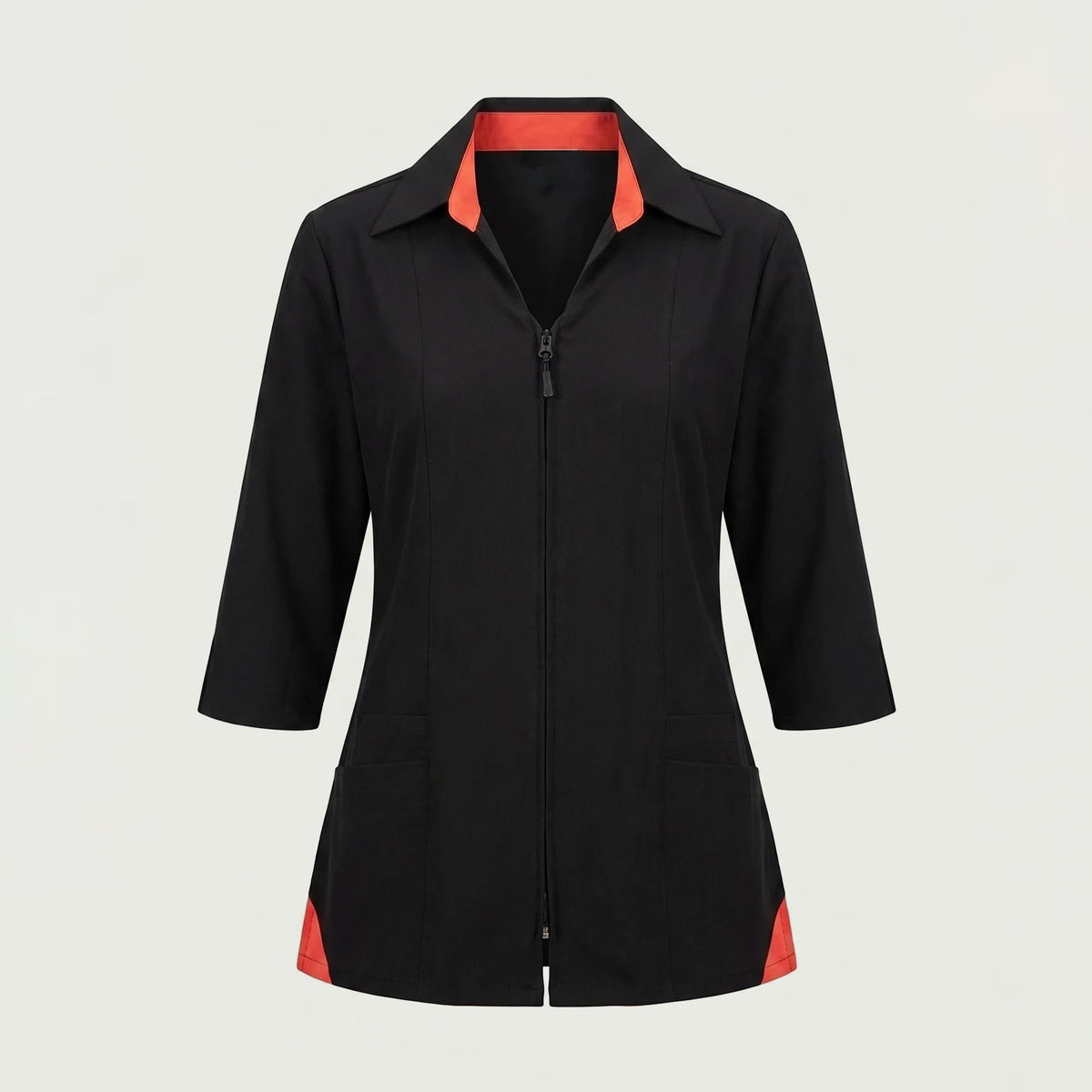 Custom salon and spa tunic in black with coral accents and zip front, made by ausman Pakistan