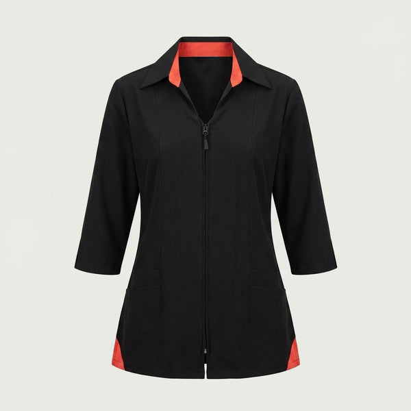 Custom salon and spa tunic in black with coral accents and zip front, made by ausman Pakistan