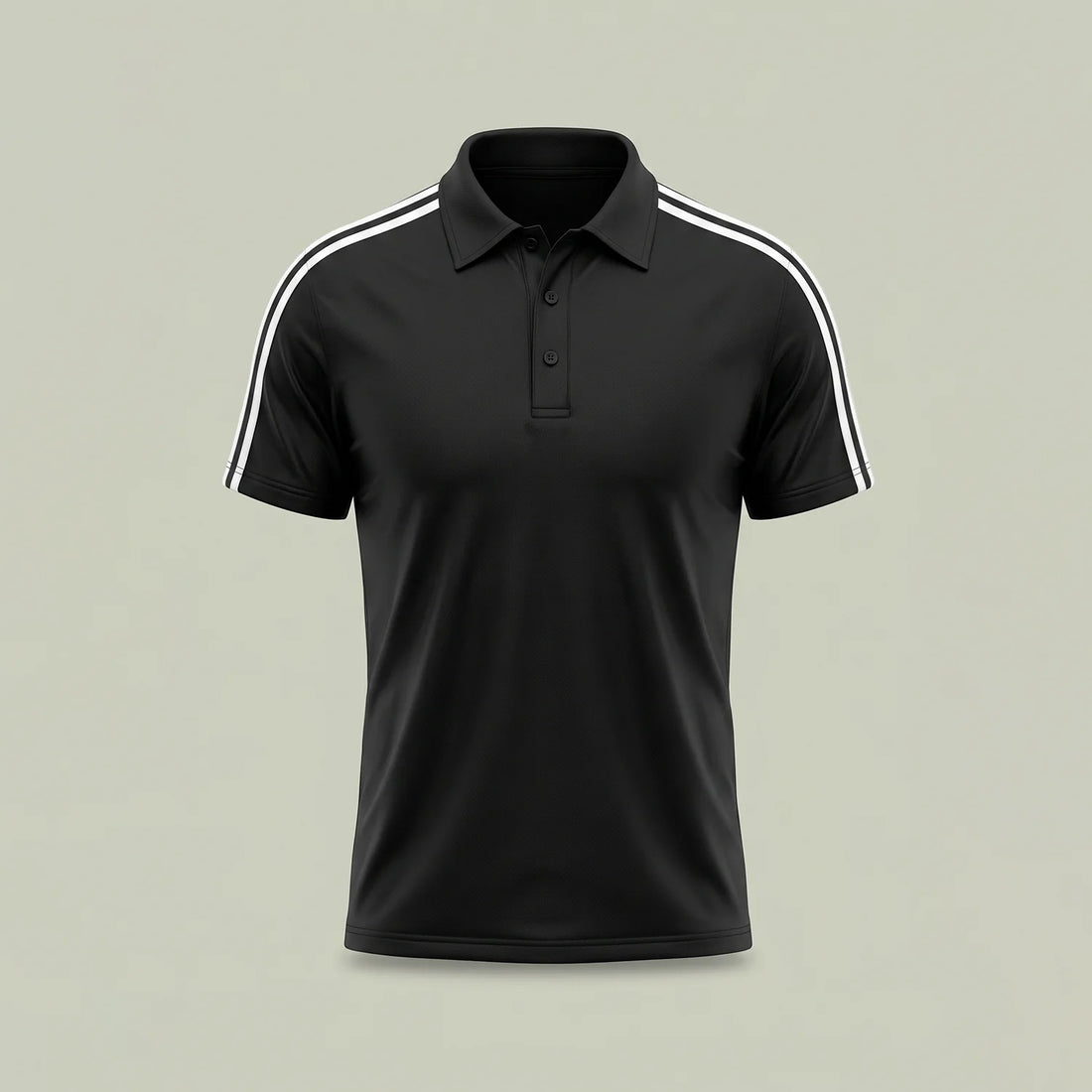 Custom black striped polo shirt with white shoulder stripes in performance mesh, made by ausman Pakistan