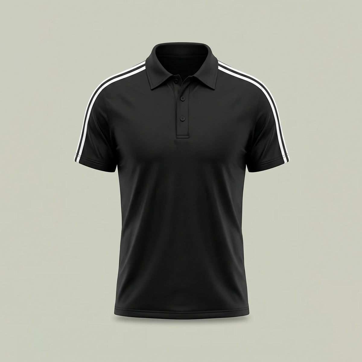 Custom black striped polo shirt with white shoulder stripes in performance mesh, made by ausman Pakistan
