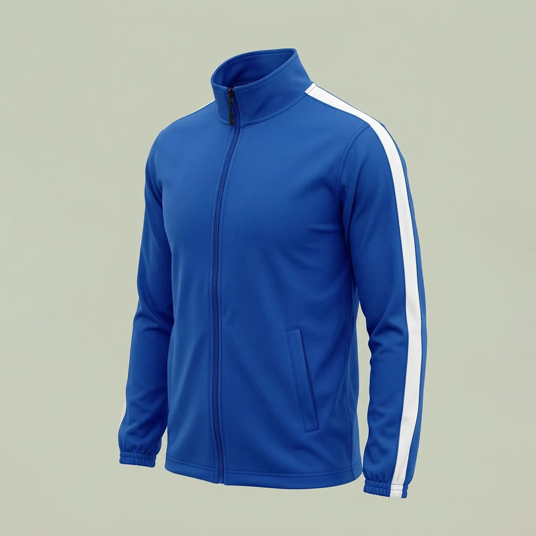 Custom royal blue track jacket with white sleeve stripe and full zip, made by ausman Pakistan