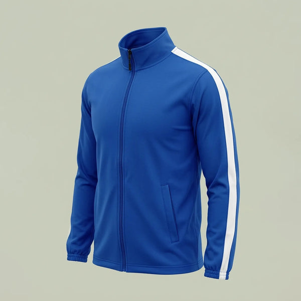Custom royal blue track jacket with white sleeve stripe and full zip, made by ausman Pakistan