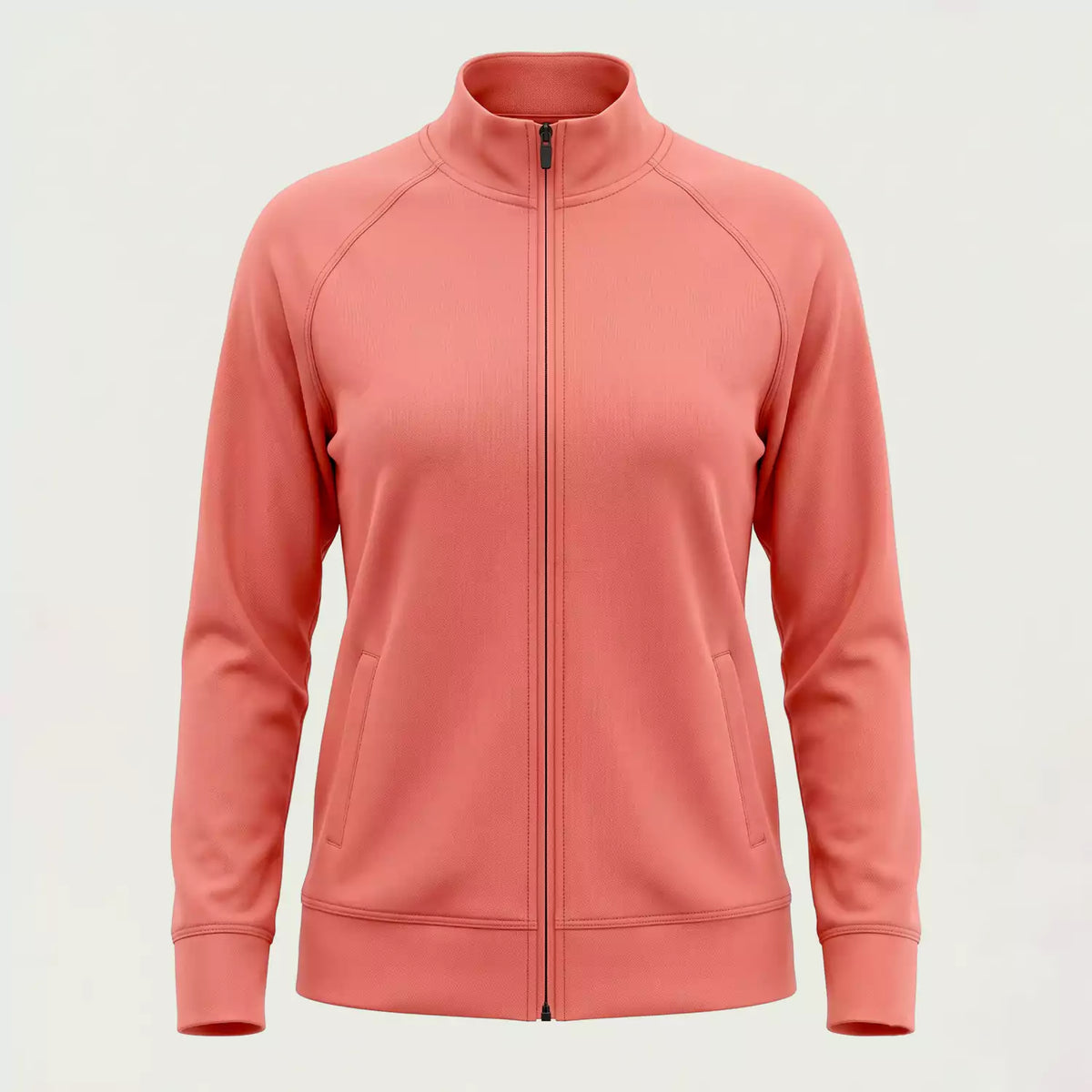 Custom women's coral micro interlock full-zip jacket, made by ausman Pakistan