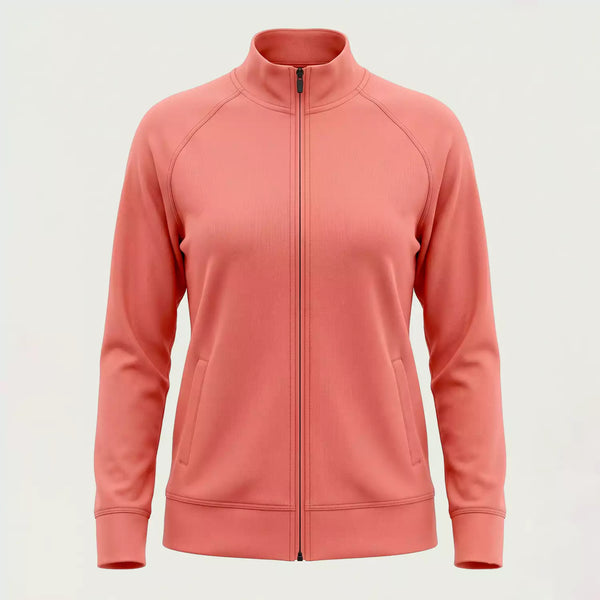 Custom women's coral micro interlock full-zip jacket, made by ausman Pakistan