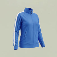 Custom women's track jacket in blue with white sleeve stripe, made by ausman Pakistan