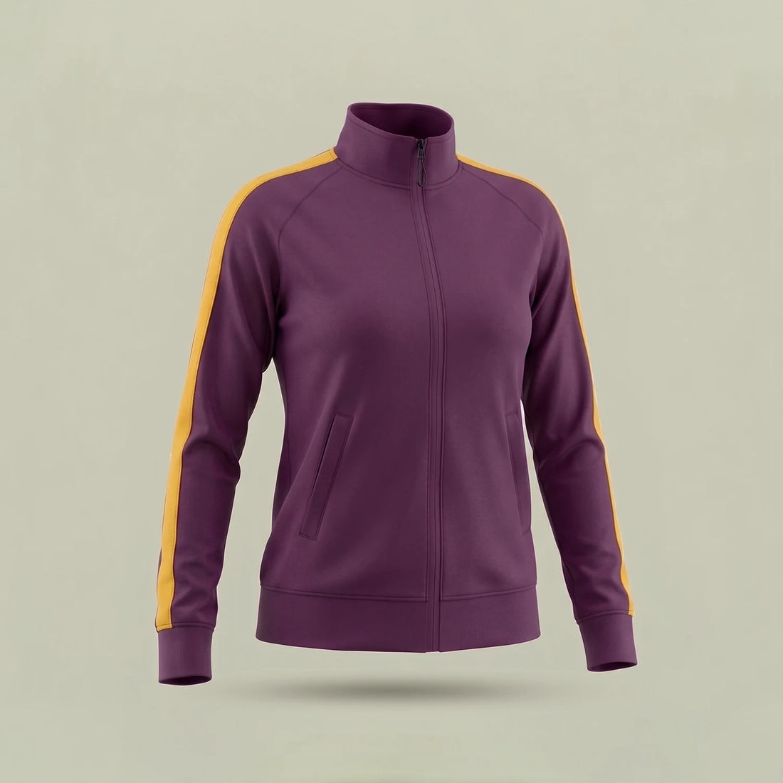 Custom women's track jacket in purple with gold sleeve stripe, made by ausman Pakistan