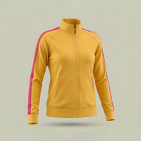 Custom women's track jacket in yellow with pink sleeve stripe, made by ausman Pakistan