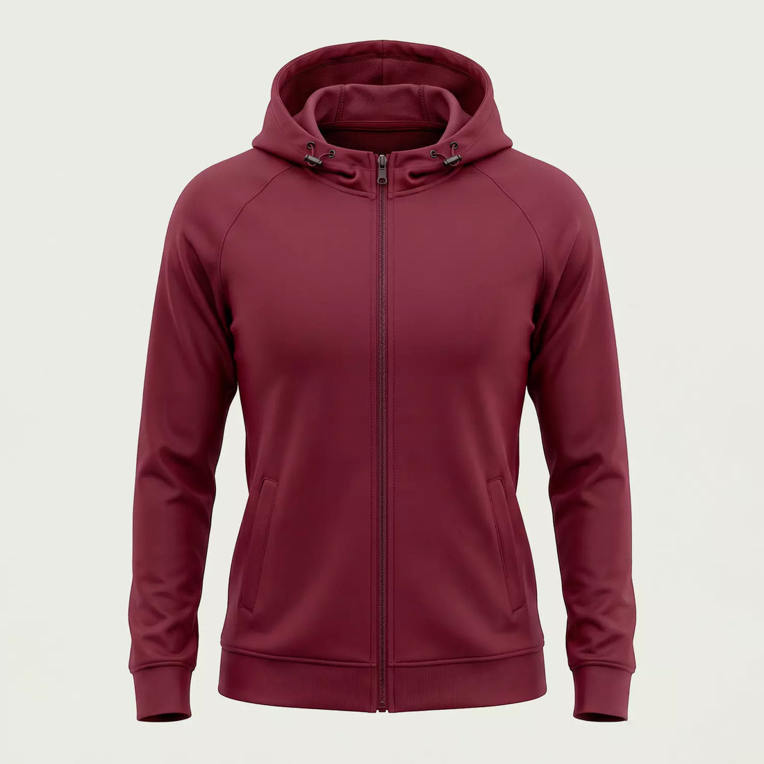 Custom women's maroon zip-up hoodie in soft Scuba Dri Fit, made by ausman Pakistan