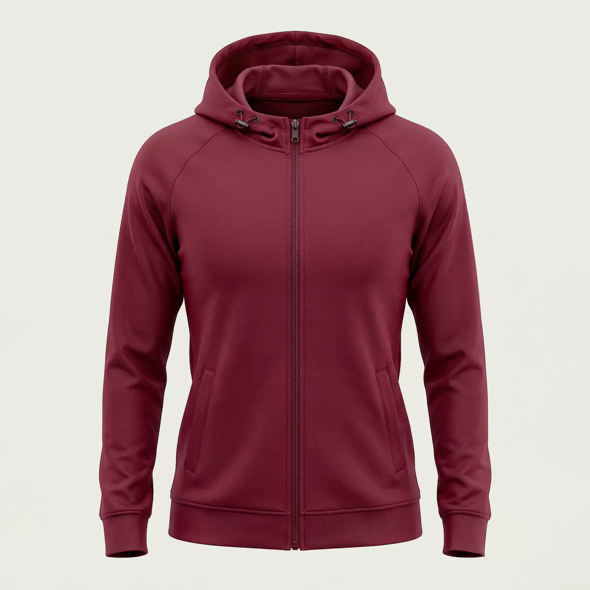 Custom women's maroon zip-up hoodie in soft Scuba Dri Fit, made by ausman Pakistan
