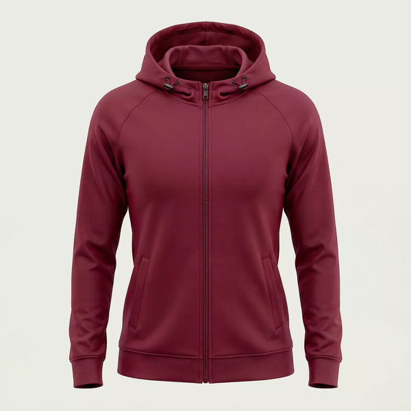 Custom women's maroon zip-up hoodie in soft Scuba Dri Fit, made by ausman Pakistan
