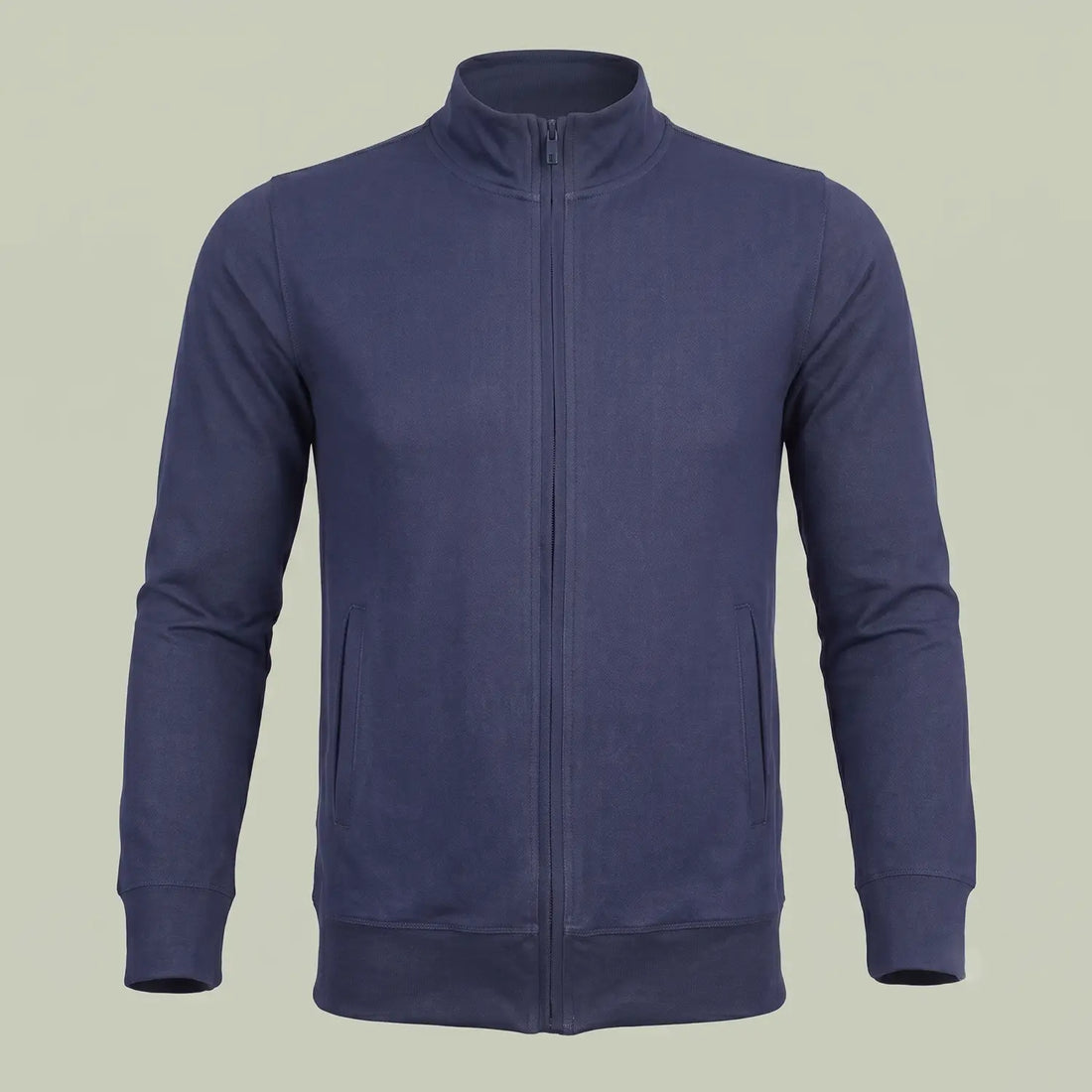 Custom navy zip-up sweatshirt in denim-look stretch fabric with stand collar, made by ausman Pakistan
