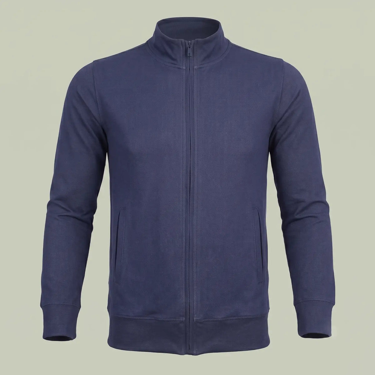 Custom navy zip-up sweatshirt in denim-look stretch fabric with stand collar, made by ausman Pakistan