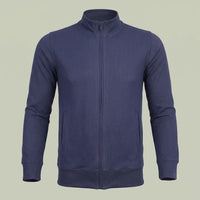 Custom navy zip-up sweatshirt in denim-look stretch fabric with stand collar, made by ausman Pakistan