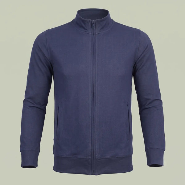 Custom navy zip-up sweatshirt in denim-look stretch fabric with stand collar, made by ausman Pakistan
