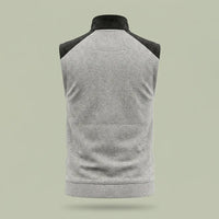 Back view of custom light gray corduroy sleeveless vest with black shoulder panels by ausman