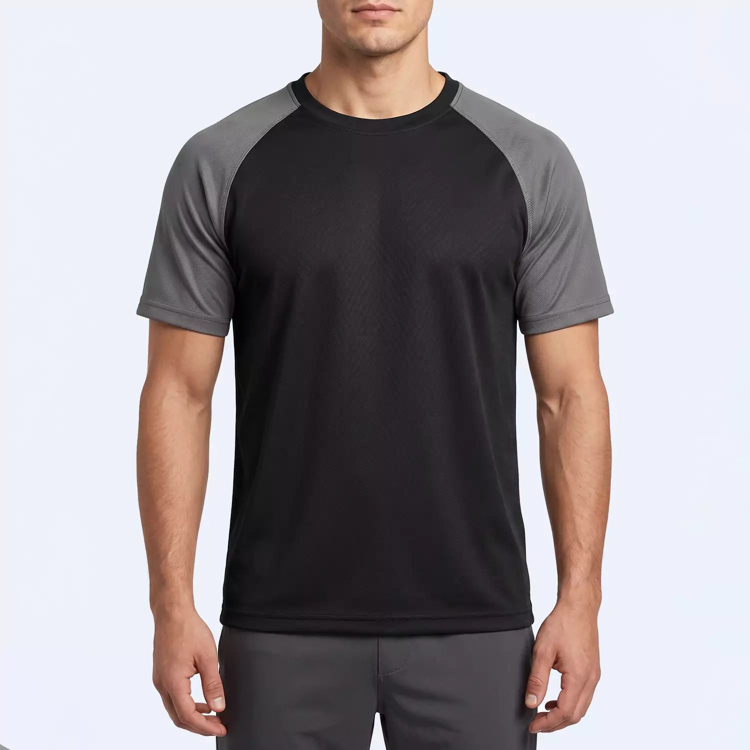 Drift Raglan T-Shirt, front view with a black body and gray raglan sleeves
