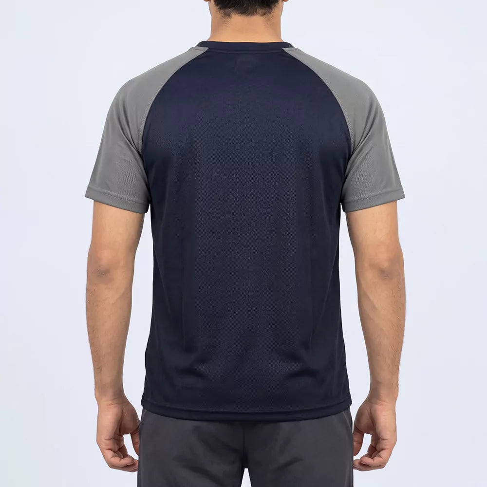 Back view of the Drift Raglan T-Shirt in navy, showing the raglan sleeve seams