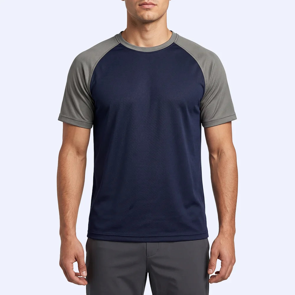 Drift Raglan T-Shirt in navy, front view showing the round neck and raglan sleeves