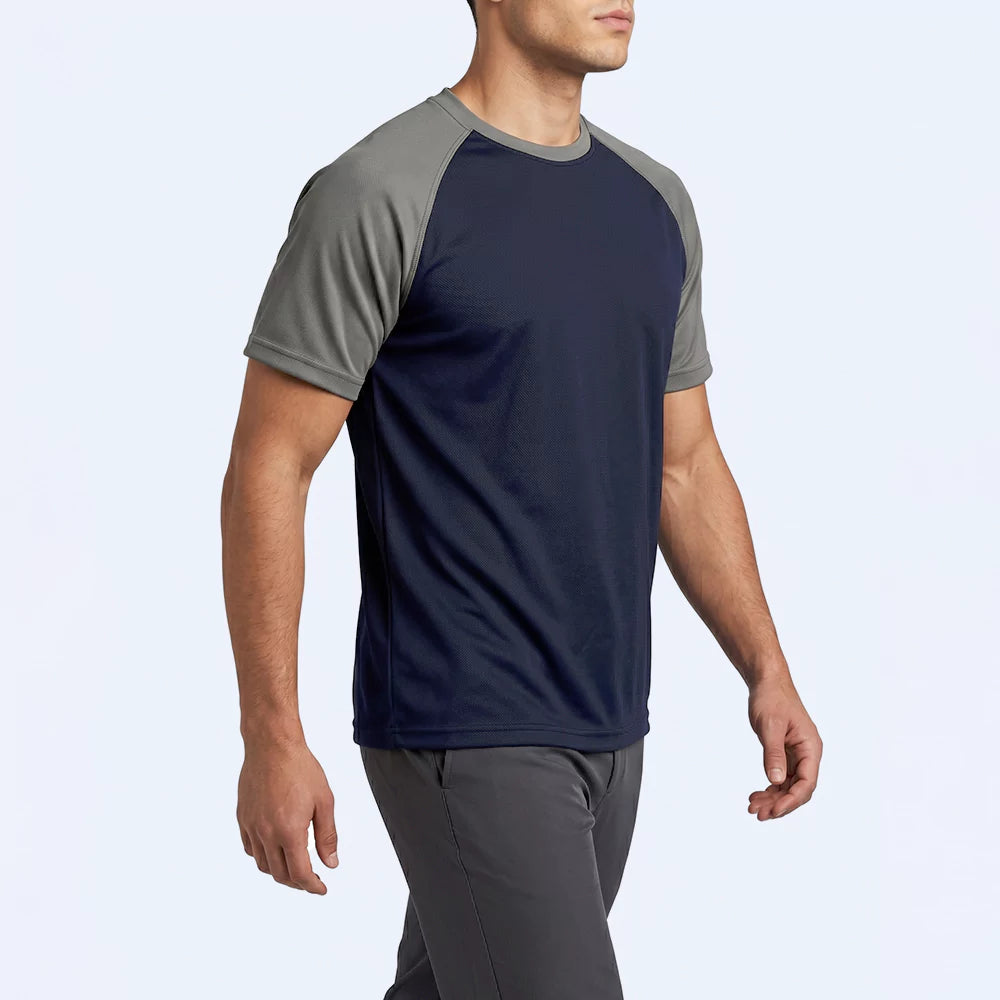 Drift Raglan T-Shirt in navy, front view showing the round neck and raglan sleeves