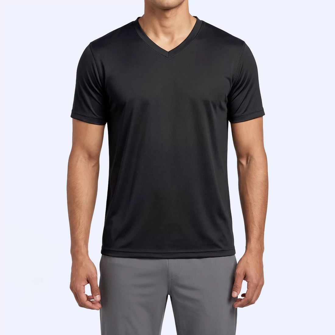 Ember V-neck t-shirt in black, front view showing bound V-neck edge