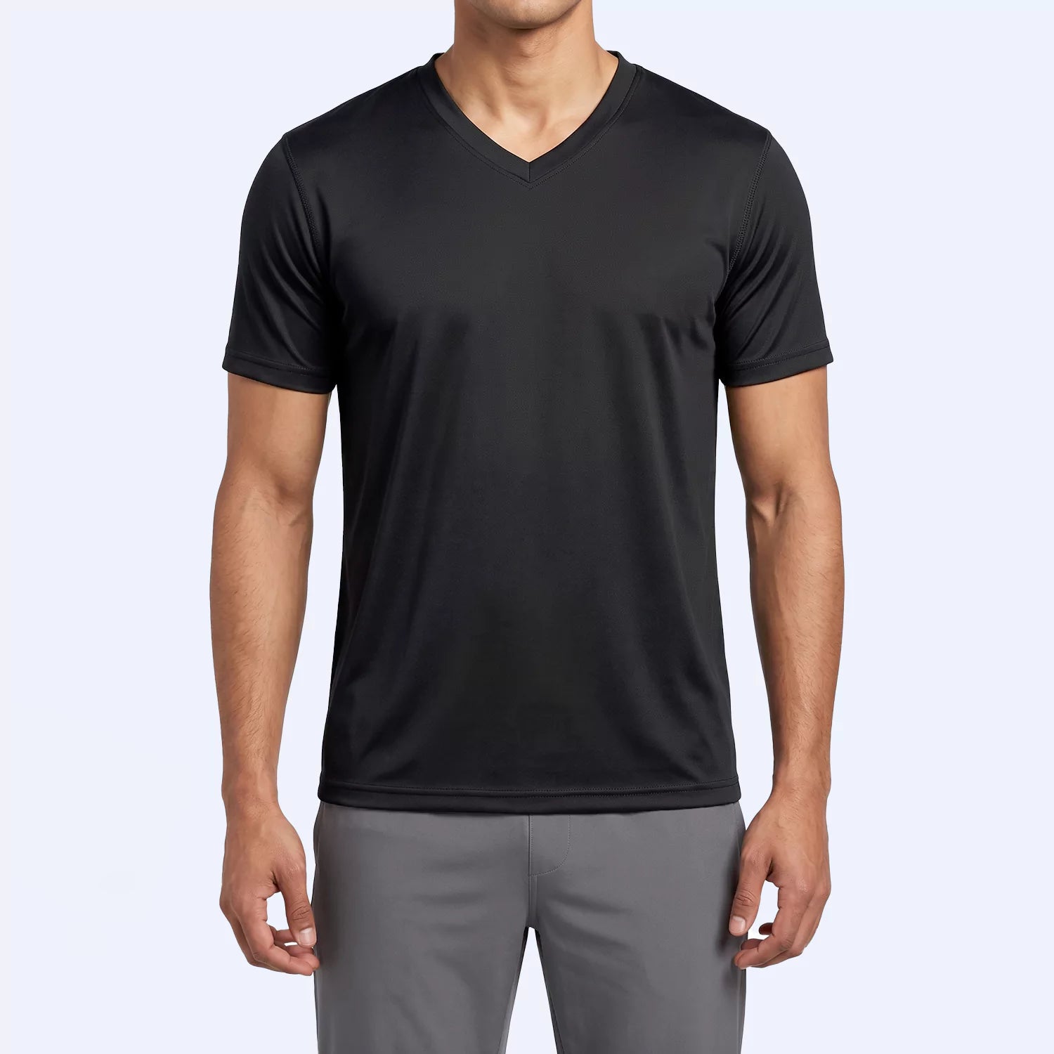 Ember V-neck t-shirt in black, front view showing bound V-neck edge