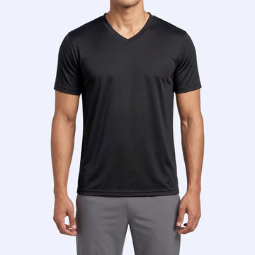 Ember V-neck t-shirt in black, front view showing bound V-neck edge