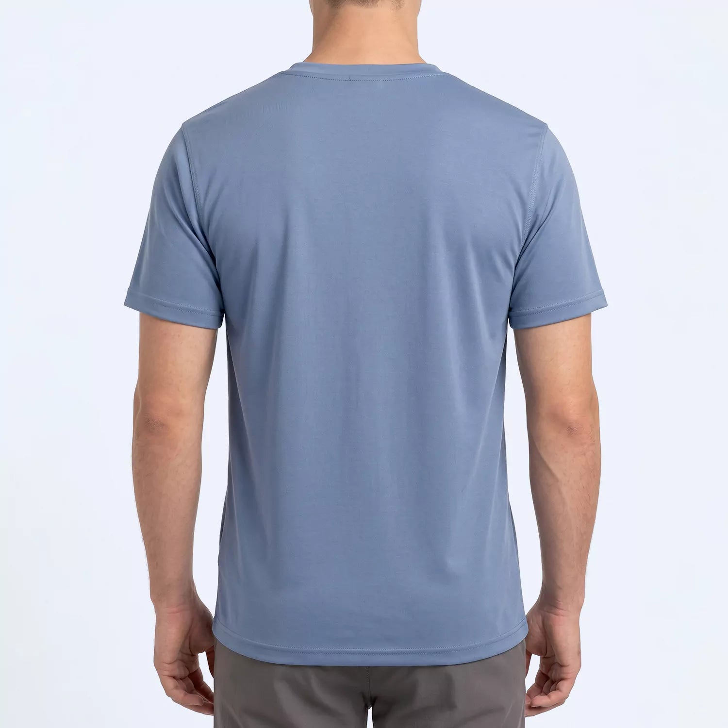 Back view of the dusty blue Ember slim fit stretch t-shirt for men
