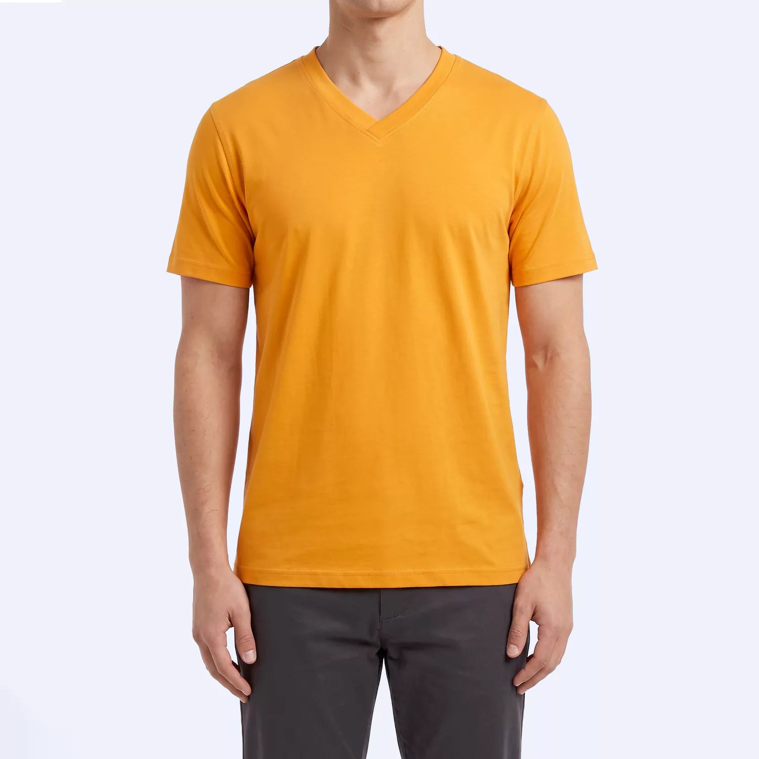 Ember V-neck t-shirt in marigold orange, front view showing bound V-neck edge