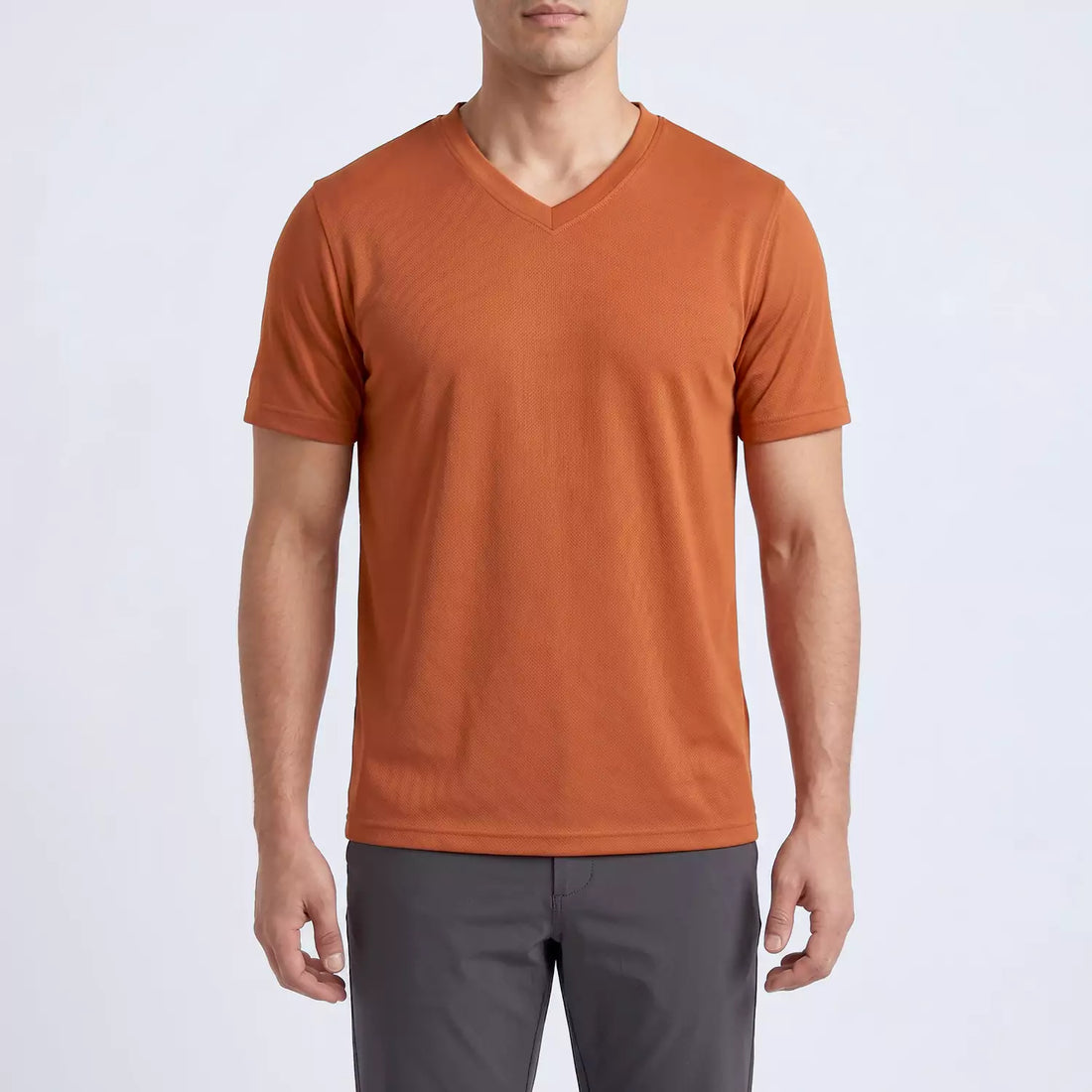 Ember V-Neck T-Shirt in Rust, front view showing the self-fabric V-neck collar