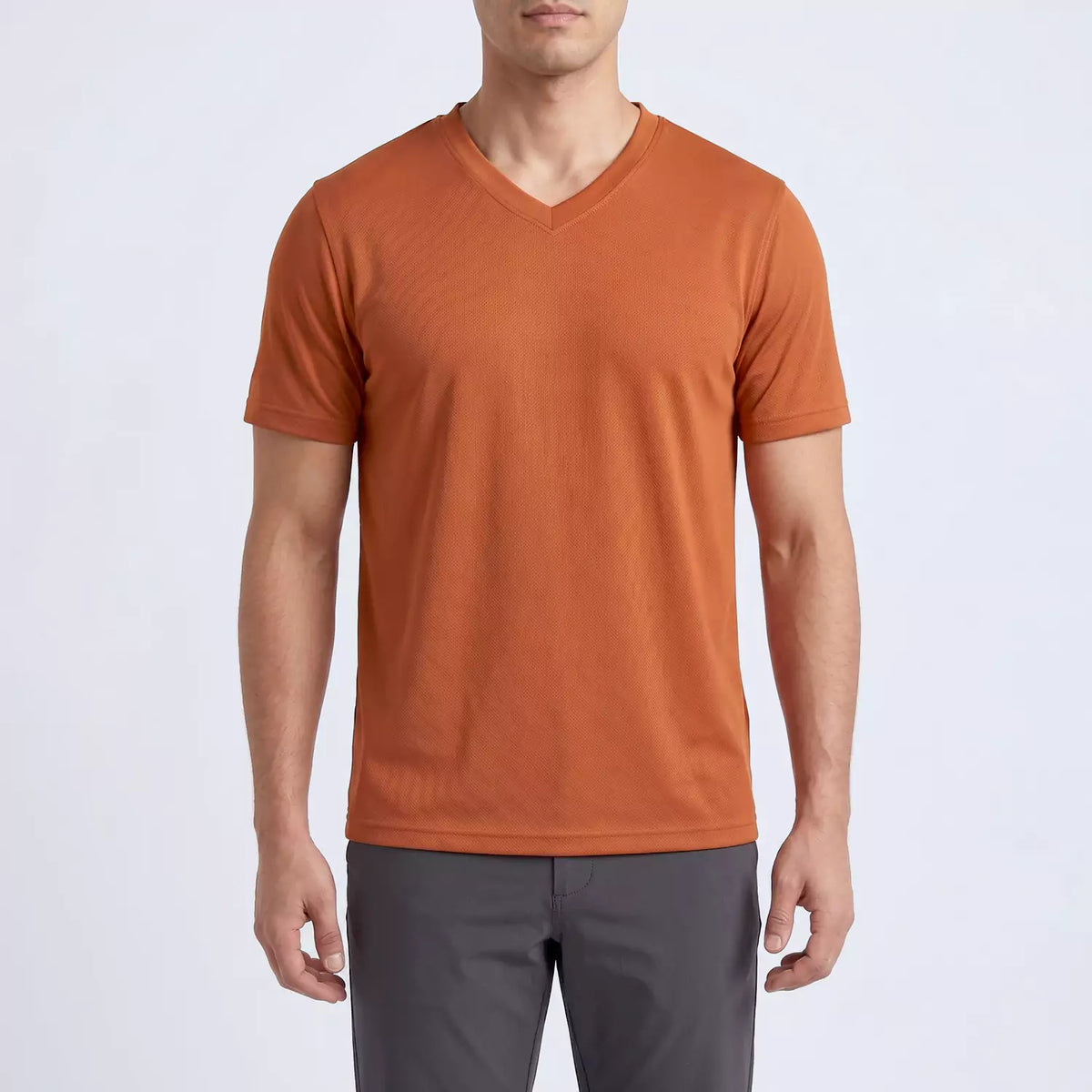 Ember V-Neck T-Shirt in Rust, front view showing the self-fabric V-neck collar