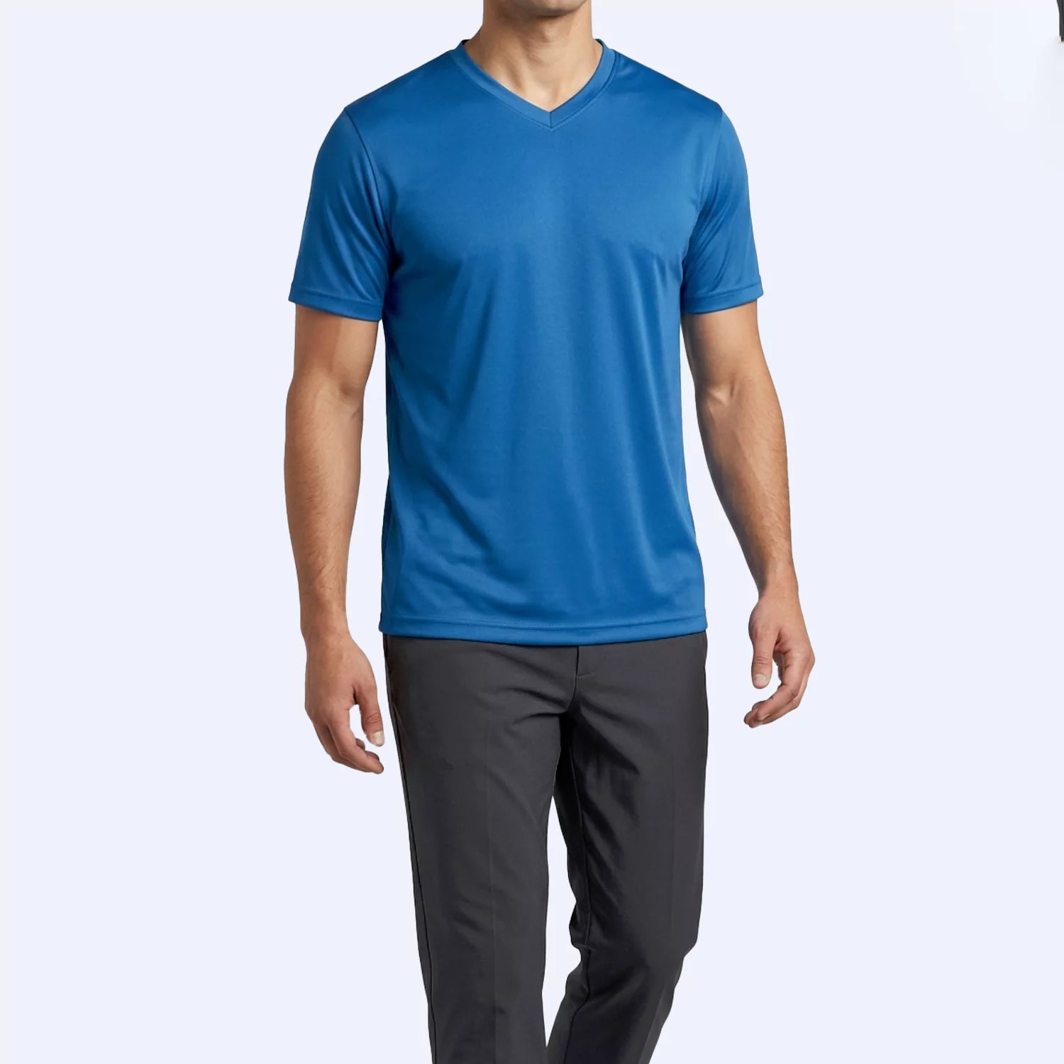 Falcon V-Neck T-Shirt in blue, front view showing the clean V-neckline