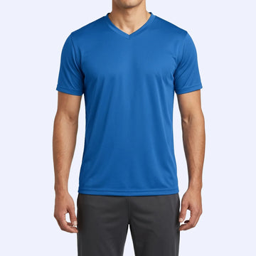 Man wearing the Falcon V-Neck T-Shirt in blue, slim fit for gym and casual wear