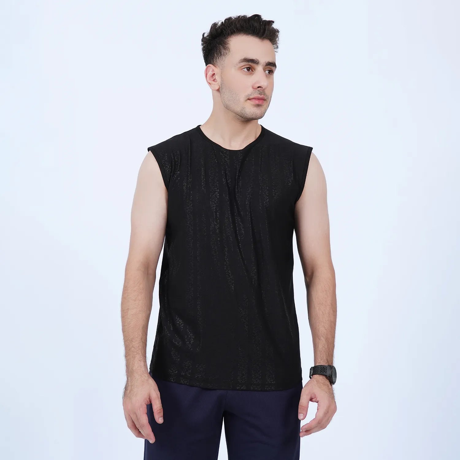 ausman EasyBreathe Printed Sleeveless Active Top Black for men, slim fit sleeveless gym and casual sportswear shirt.