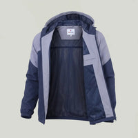 The inside view of custom corporate event jacket in navy and gray with removable hood, made by ausman Pakistan