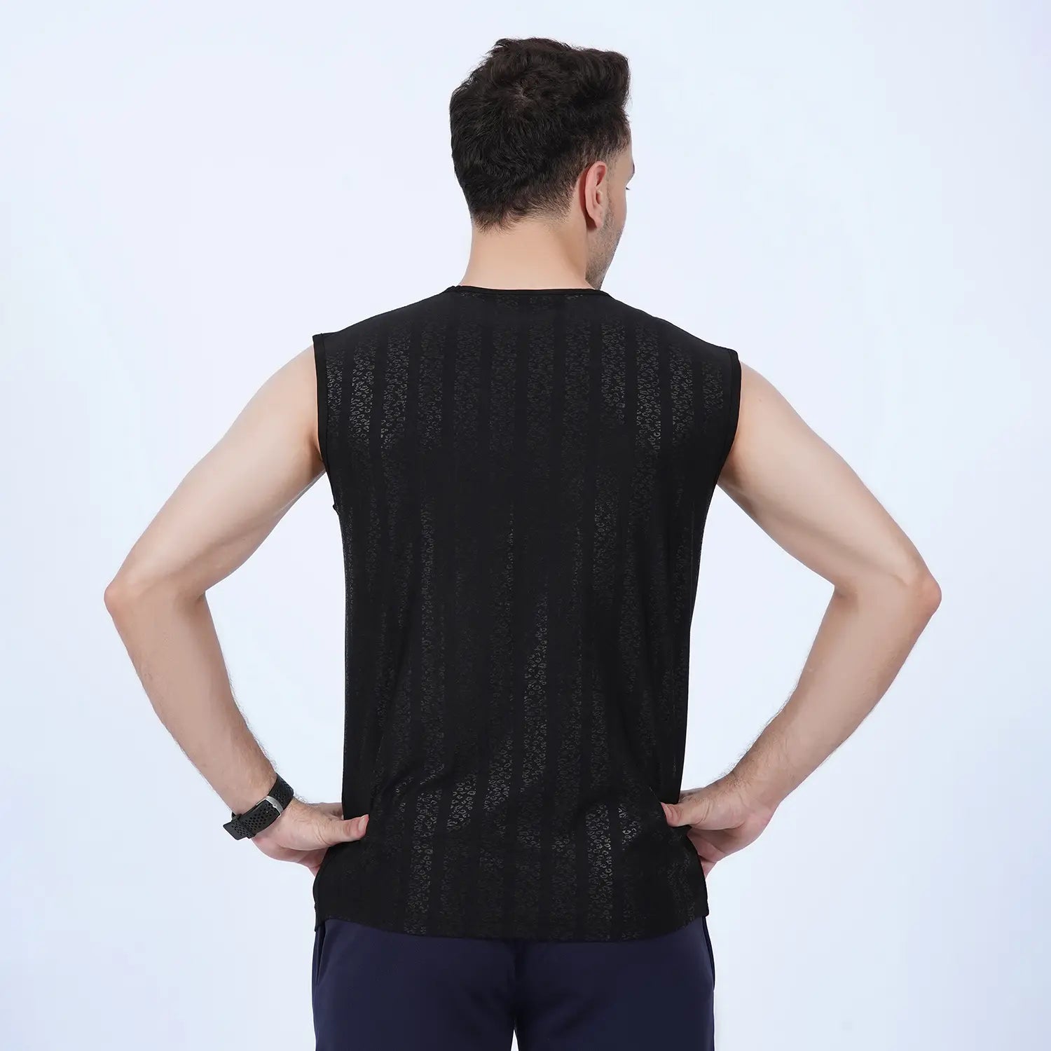 ausman EasyBreathe Printed Sleeveless Active Top Black for men, slim fit sleeveless gym and casual sportswear shirt. 