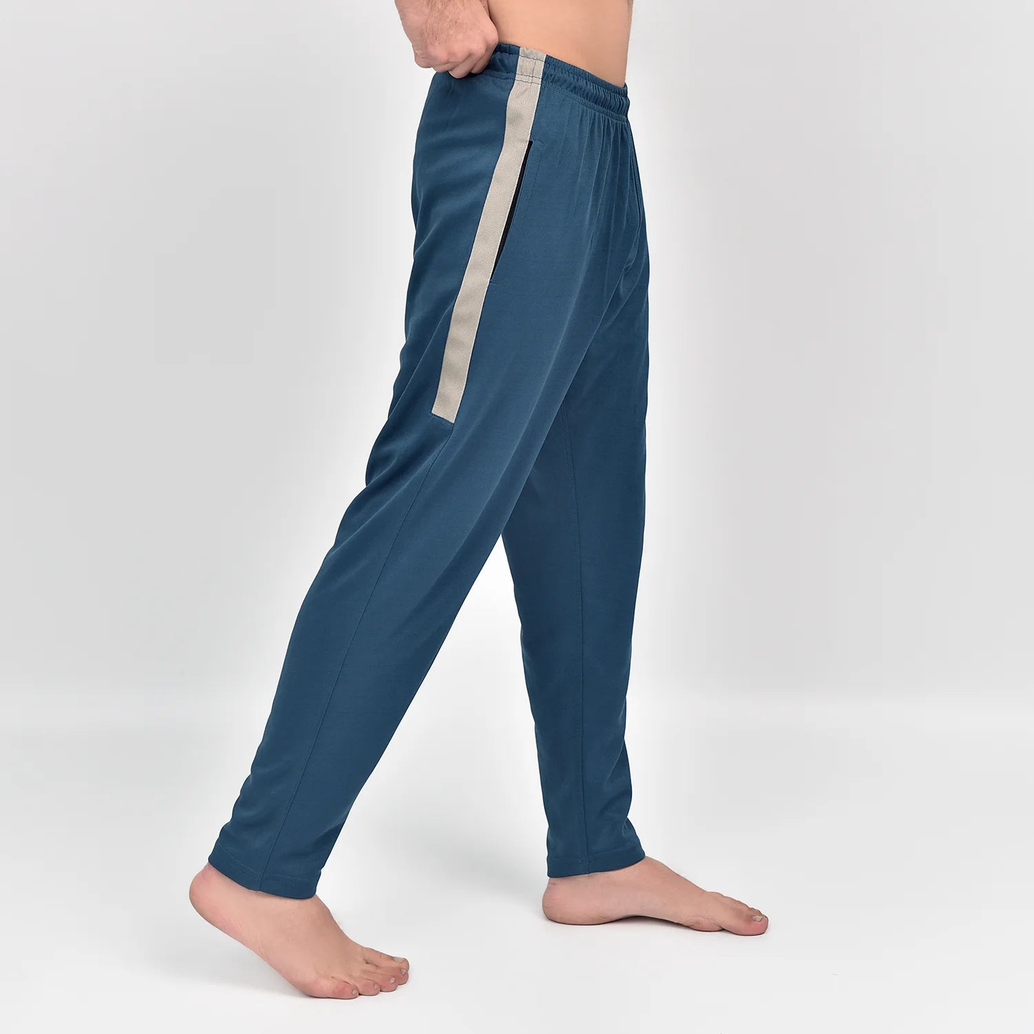 ausman Rovair Active Trouser Marine Blue Beige for men, slim fit active sports trouser with beige contrast and invisible zip style. mens high waisted trousers